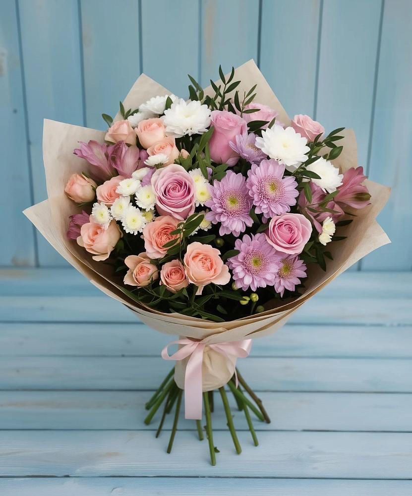 Букет цветов из: Хризантемы, Розы и Альстромерии в Чепелево
