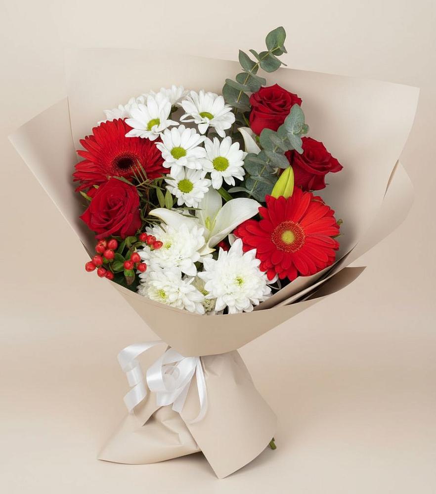 Букет цветов из: Розы, Хризантемы, Герберы и Лилии в Чепелево
