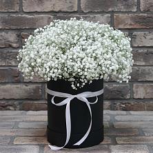 Цветочная композиция из Гипсофила в шляпной коробке в Чепелево
