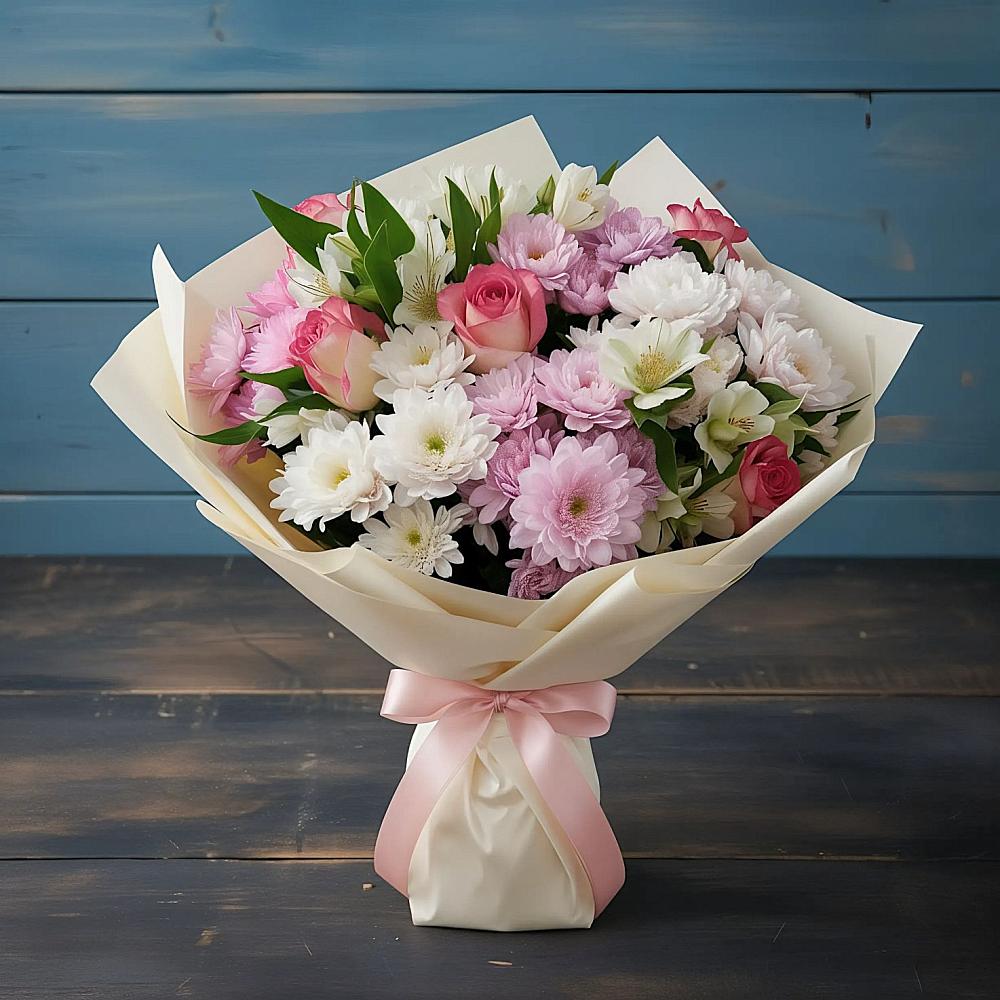 Букет цветов из: Хризантемы, Альстромерии и Розы в Чепелево